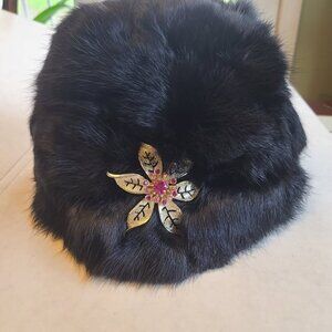 Vintage Beatrice Zacharie Black Rabbit Fur Hat Pink SarahcovCubic Broch Women S